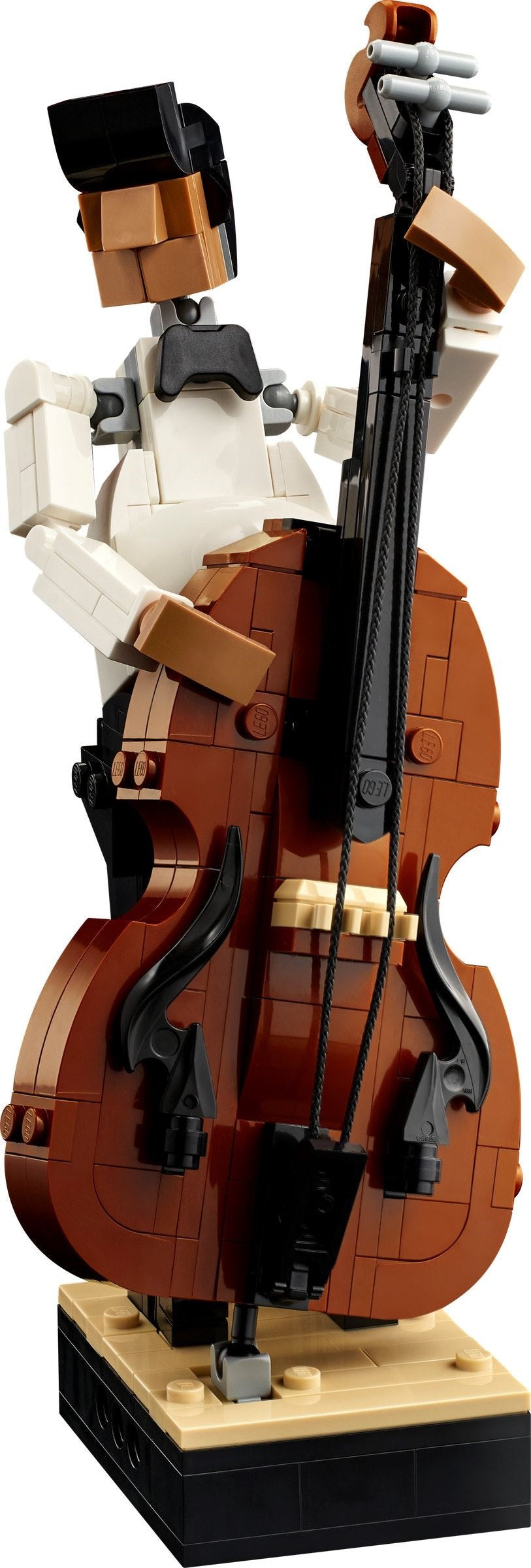 LEGO model of a musician playing a cello on a black base