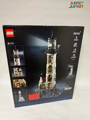 LEGO lighthouse set packaging with images of the model on a black background