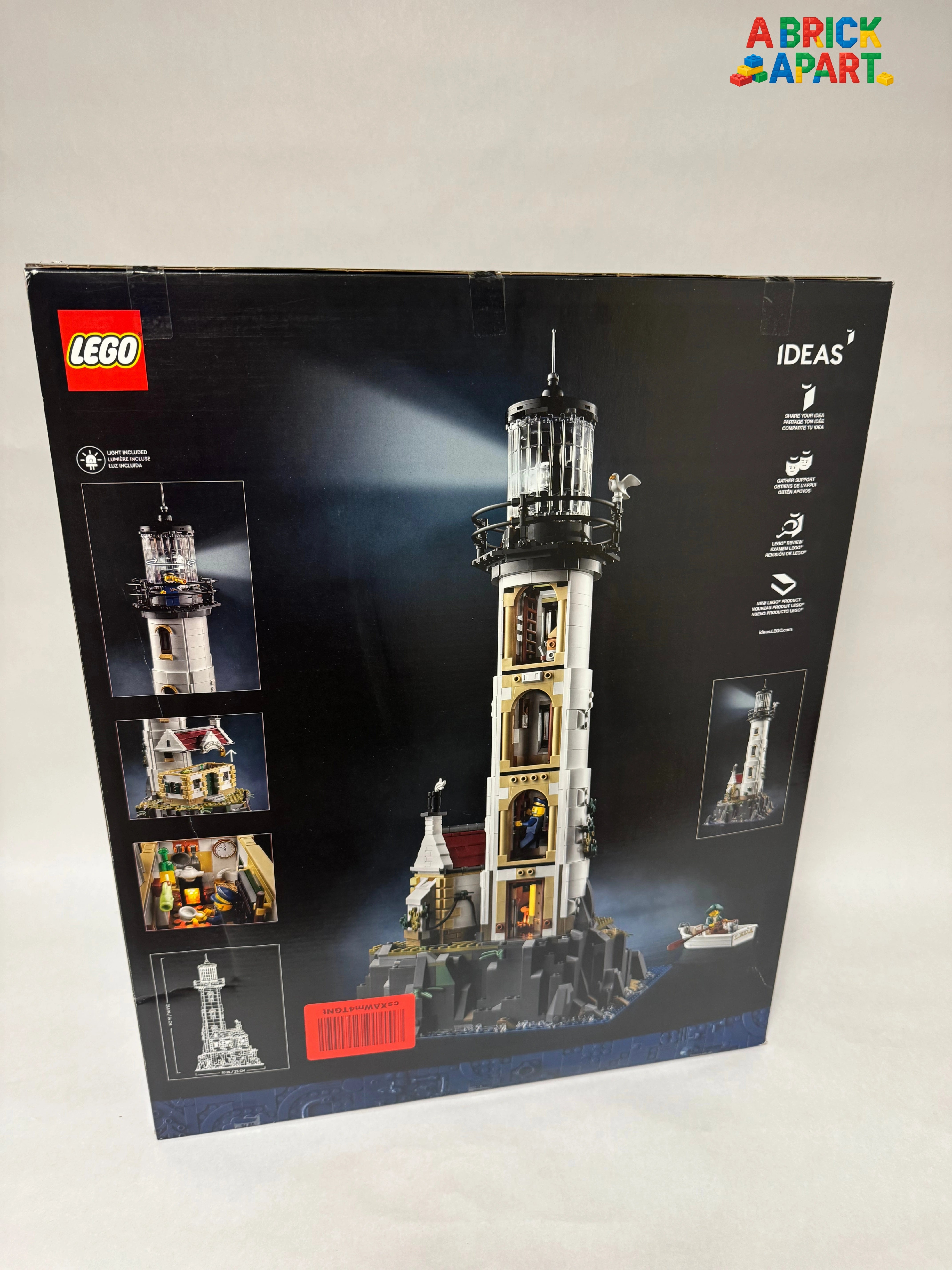 LEGO lighthouse set packaging with images of the model on a black background