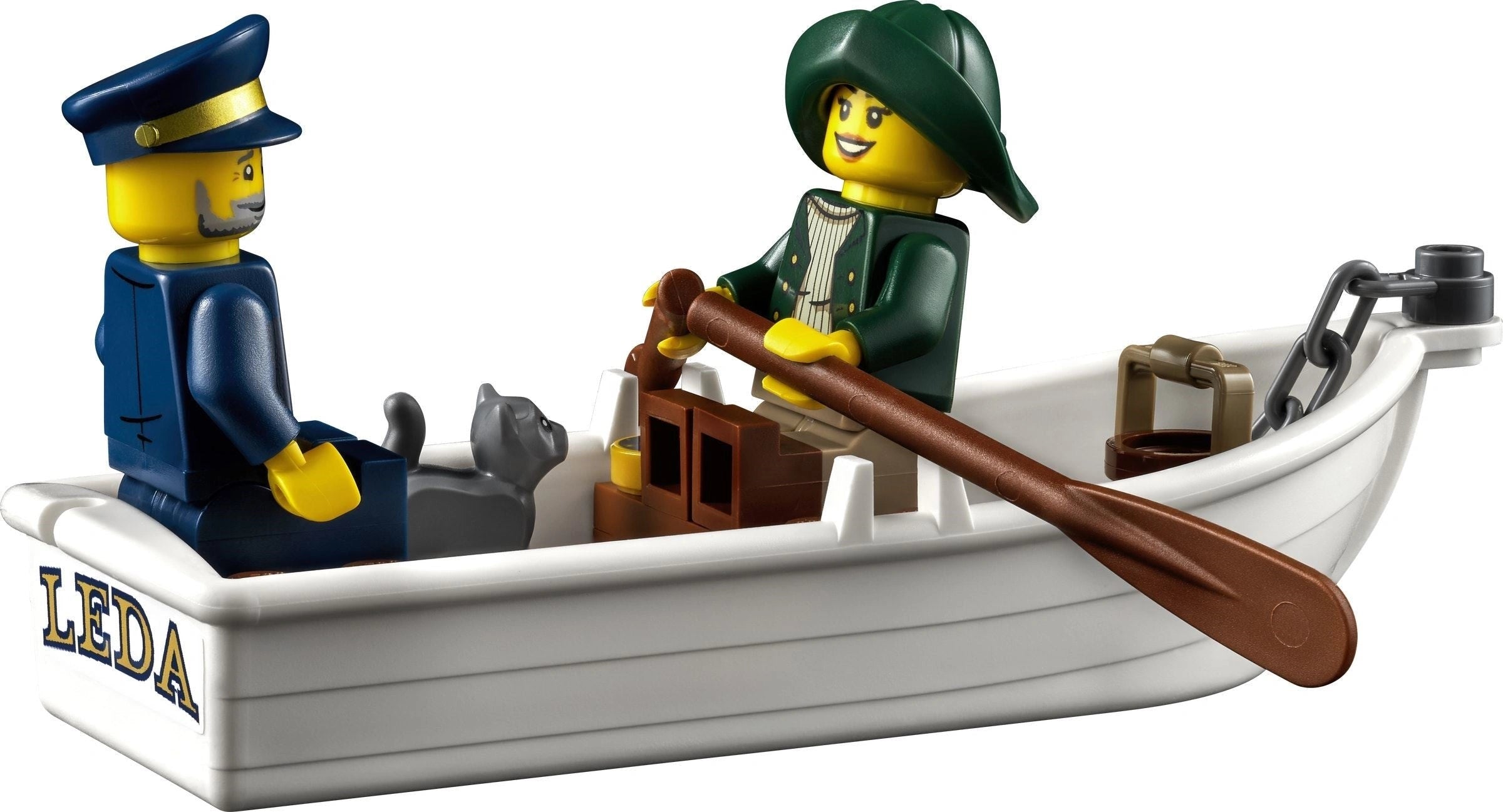 LEGO figures on a boat with 'LEDA' branding