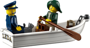 LEGO figures on a boat with 'LEDA' branding