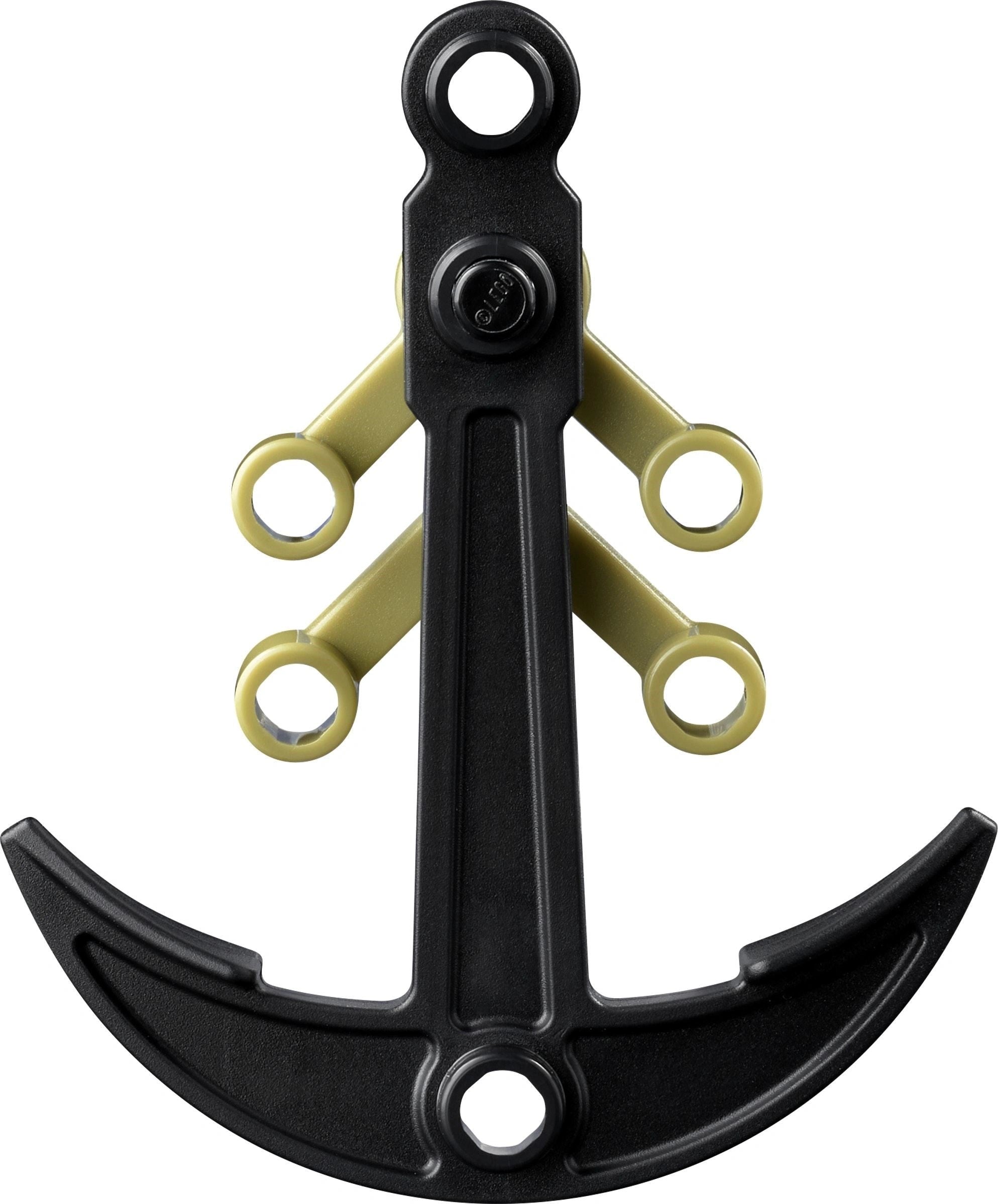 Black and yellow anchor-like tool on a white background