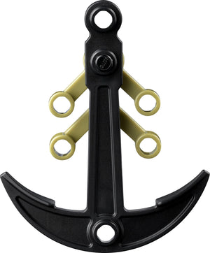 Black and yellow anchor-like tool on a white background