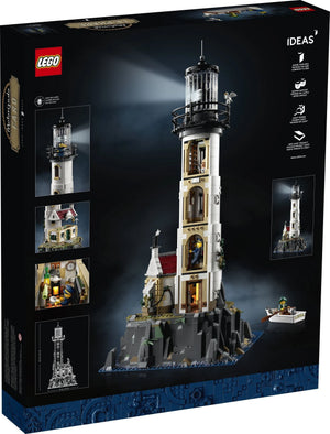 LEGO lighthouse set packaging with multiple views and LEGO logo.