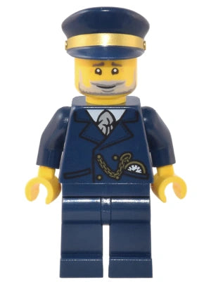 LEGO minifigure in a blue uniform with a hat on a white background