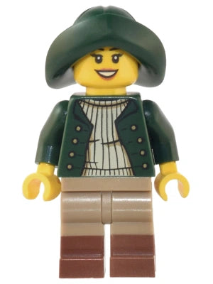 LEGO minifigure wearing a green coat and hat on a white background