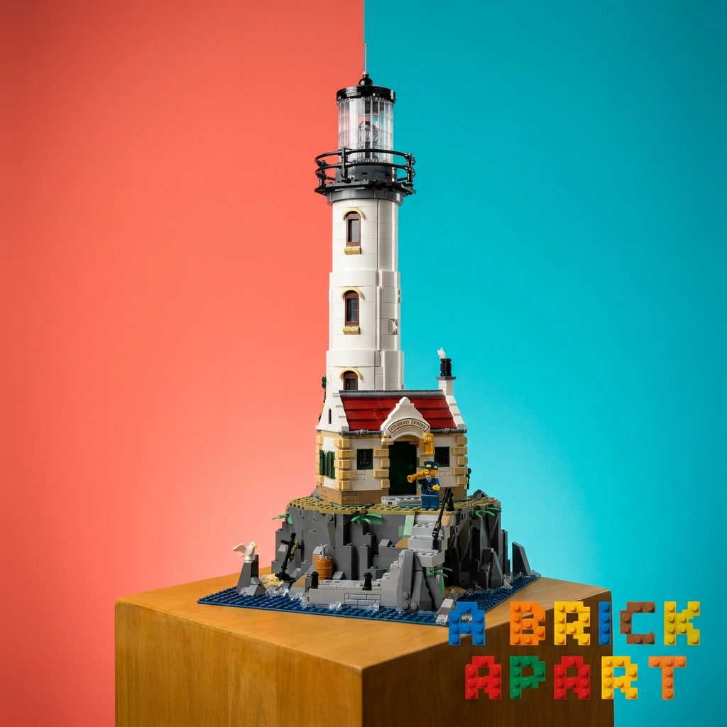 Model of a lighthouse made from interlocking bricks on a colorful background with 'A Brick Apart' branding.
