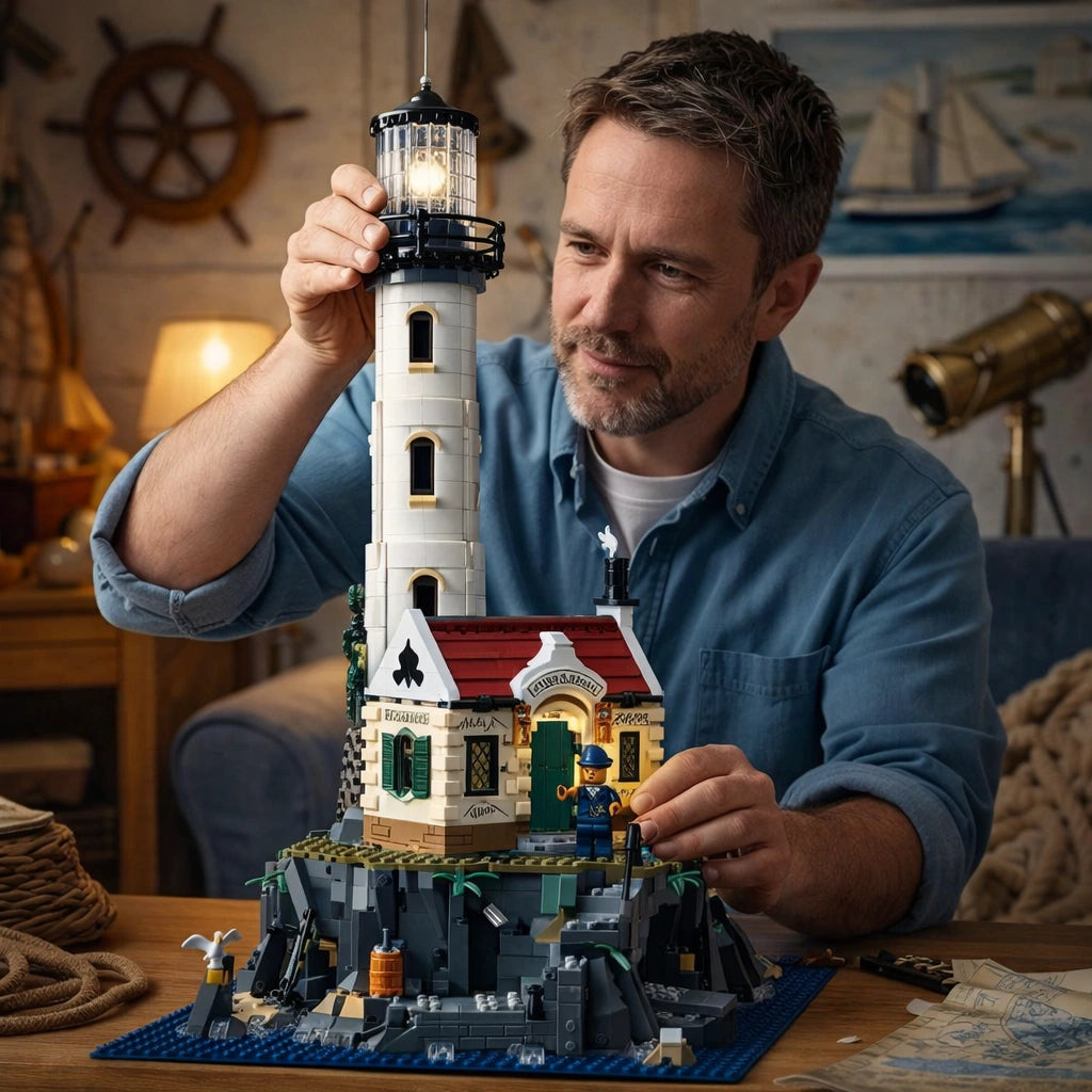 Man assembling a detailed LEGO lighthouse model in a cozy room.
