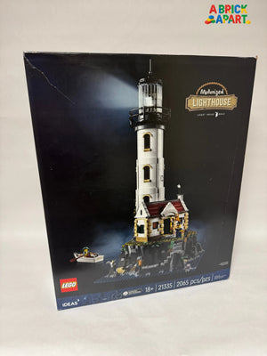LEGO lighthouse set packaging on a light gray background