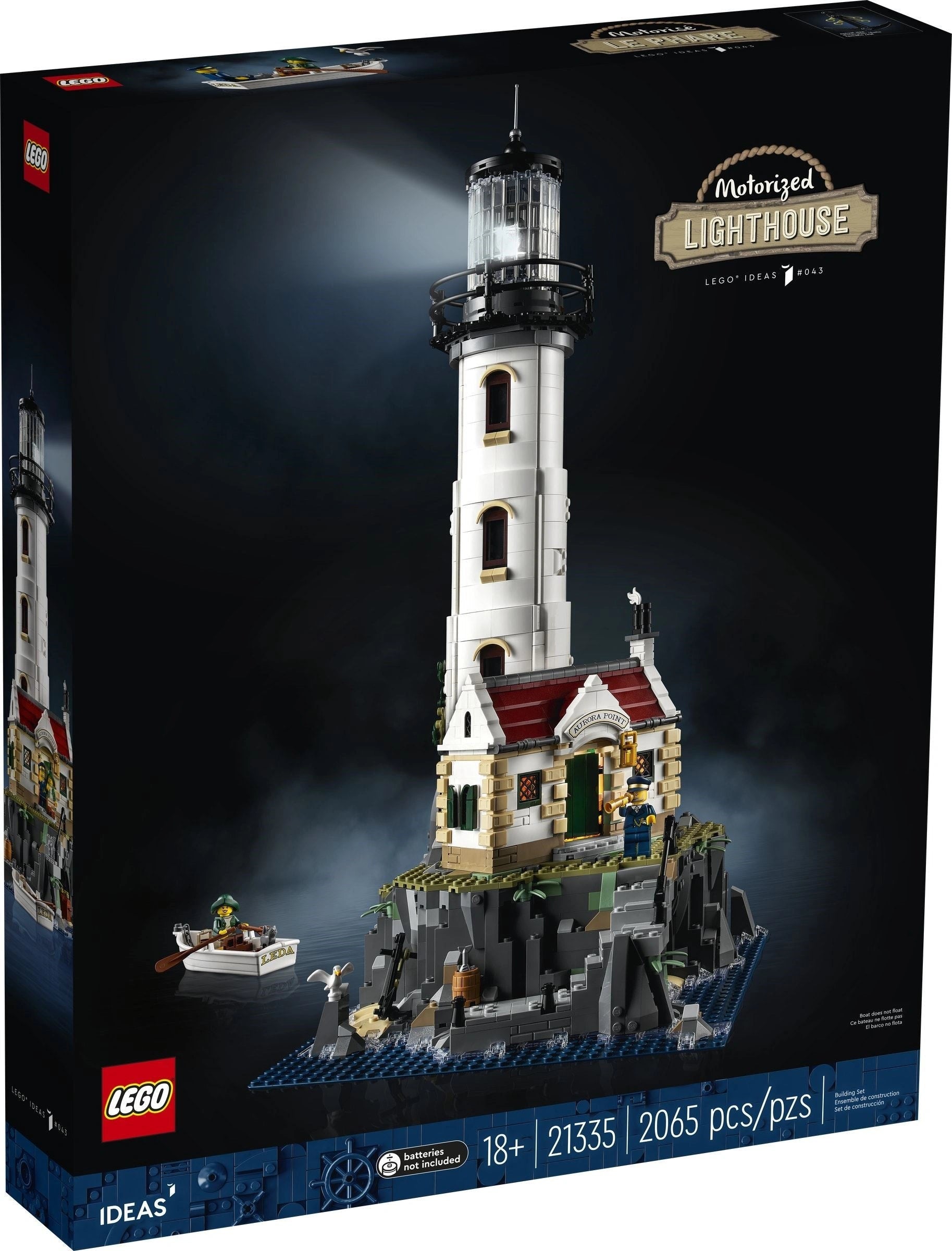 LEGO Ideas Motorized Lighthouse set packaging with dark background