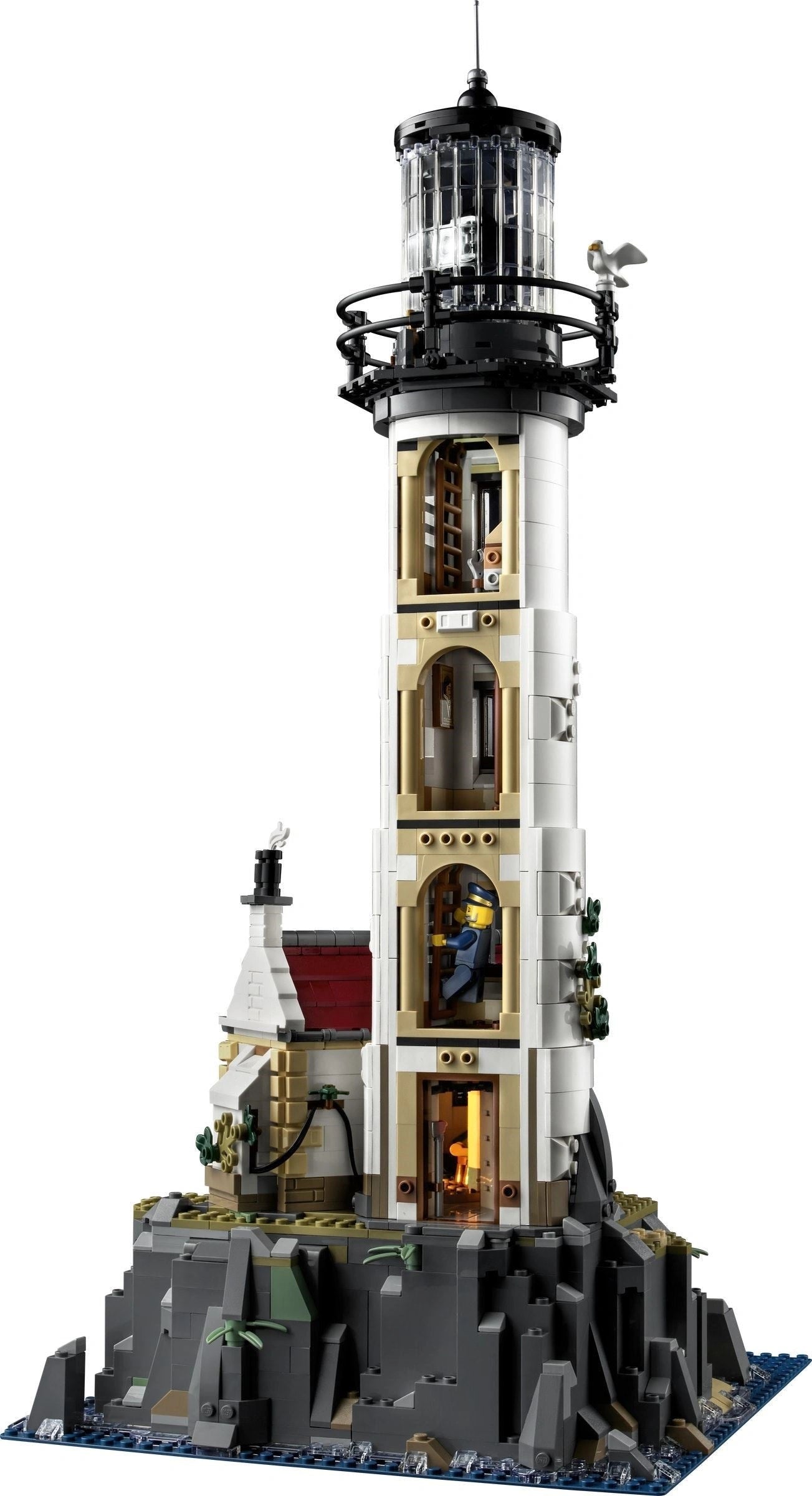 LEGO model of a lighthouse on a white background