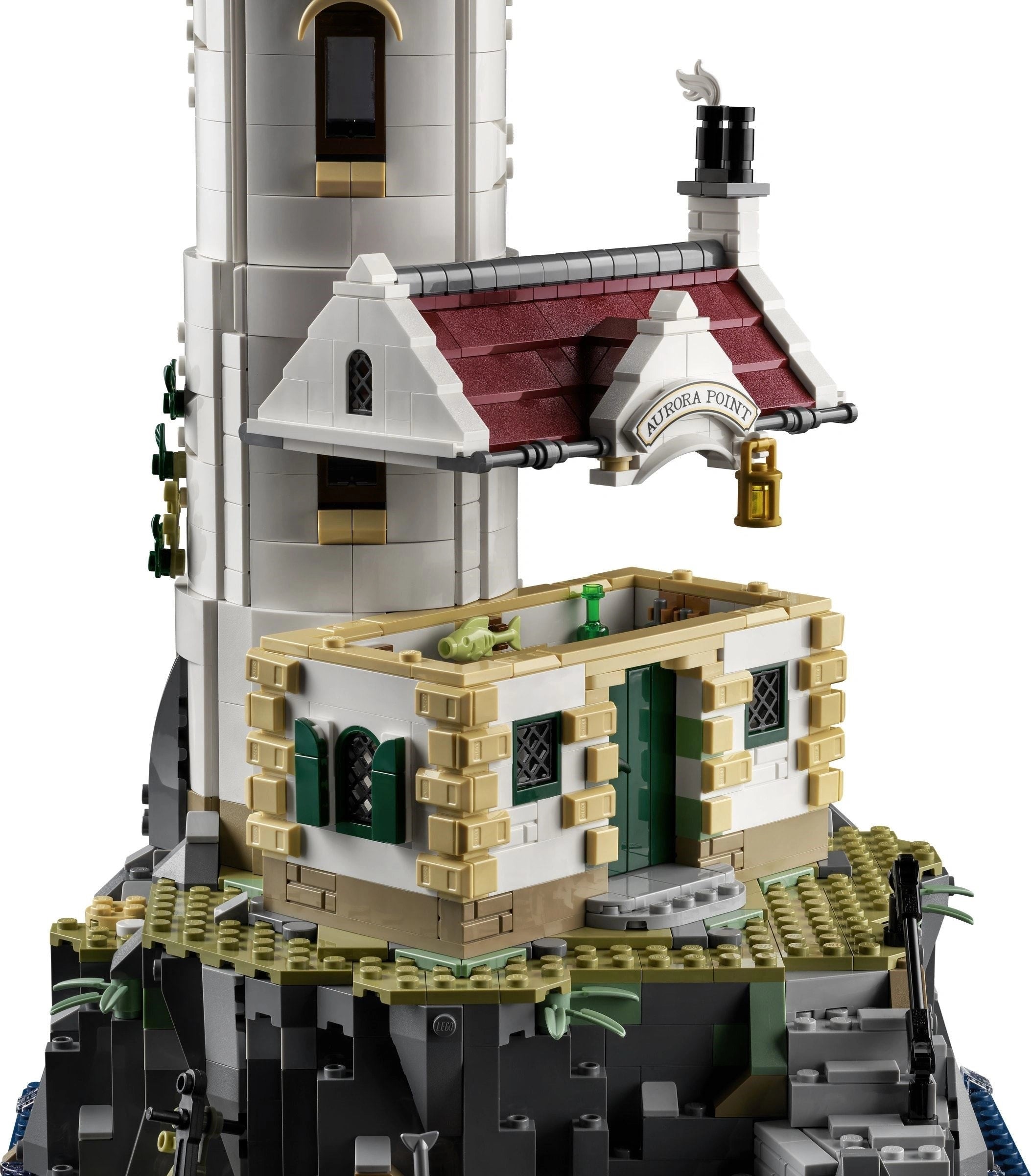 Close-up of a detailed model building with architectural elements on a white background