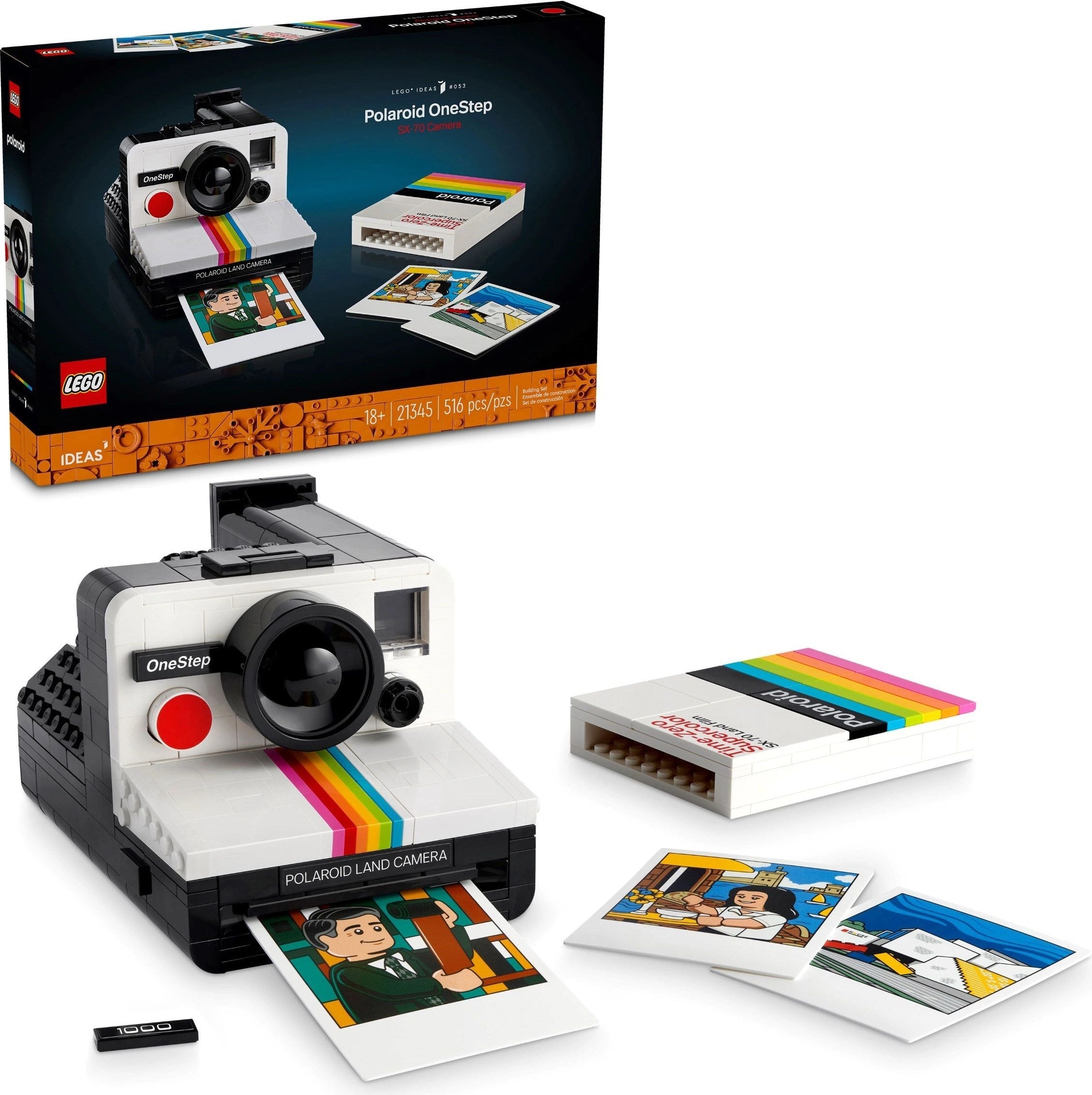 LEGO Polaroid OneStep camera set with packaging and printed photos on a white background
