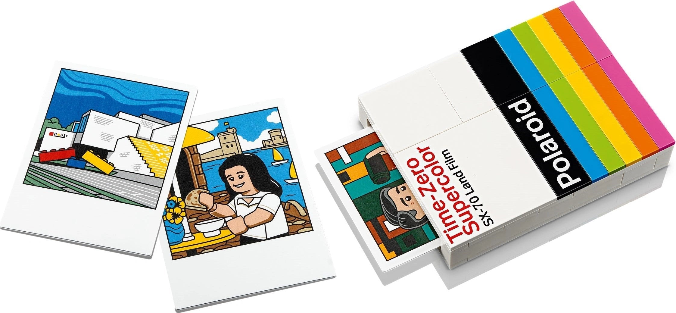 Three Polaroid photo prints and a box with 'Polaroid' branding on a white background