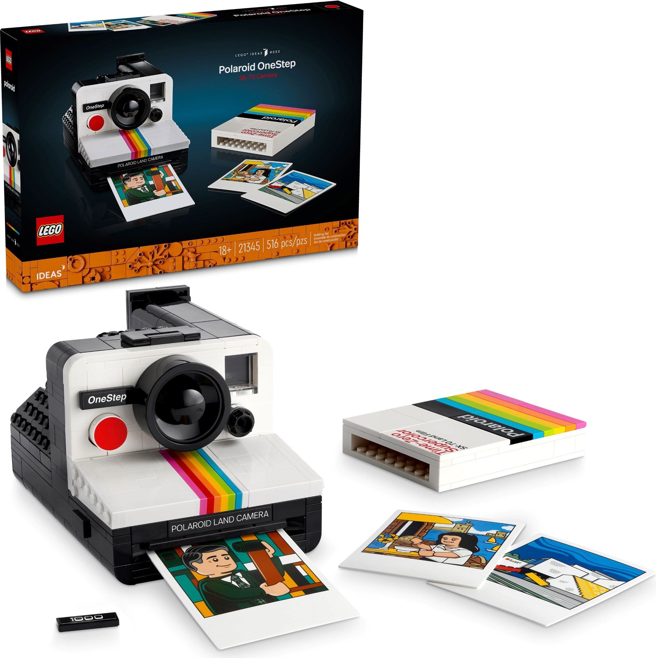 LEGO Polaroid camera set with packaging and printed photos on a white background