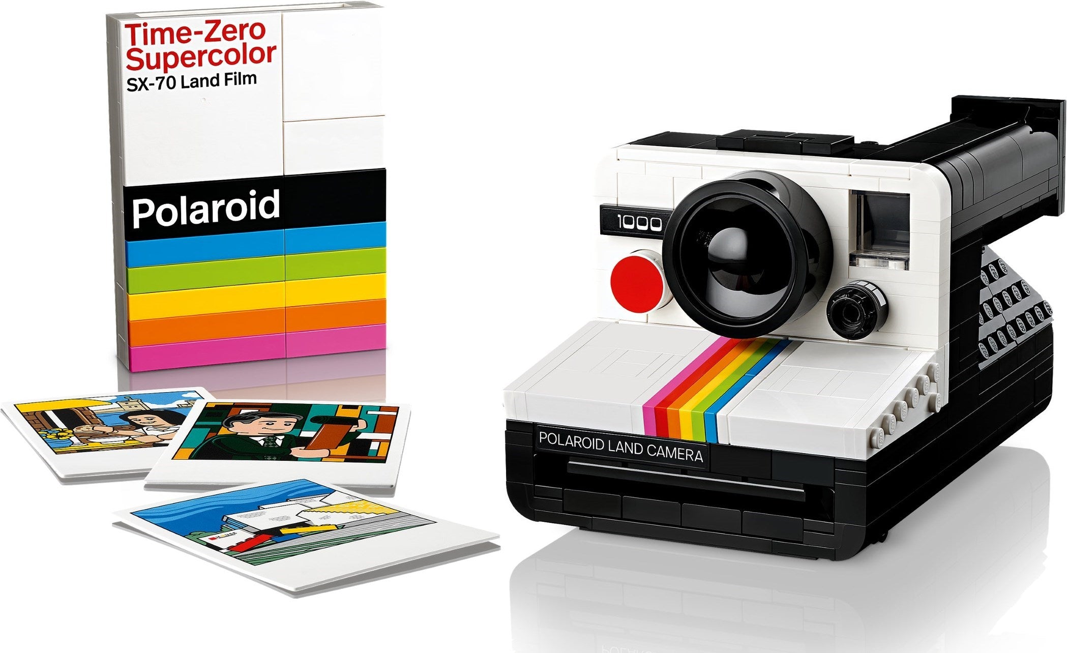 Polaroid camera with instant photos and film packaging on a white background