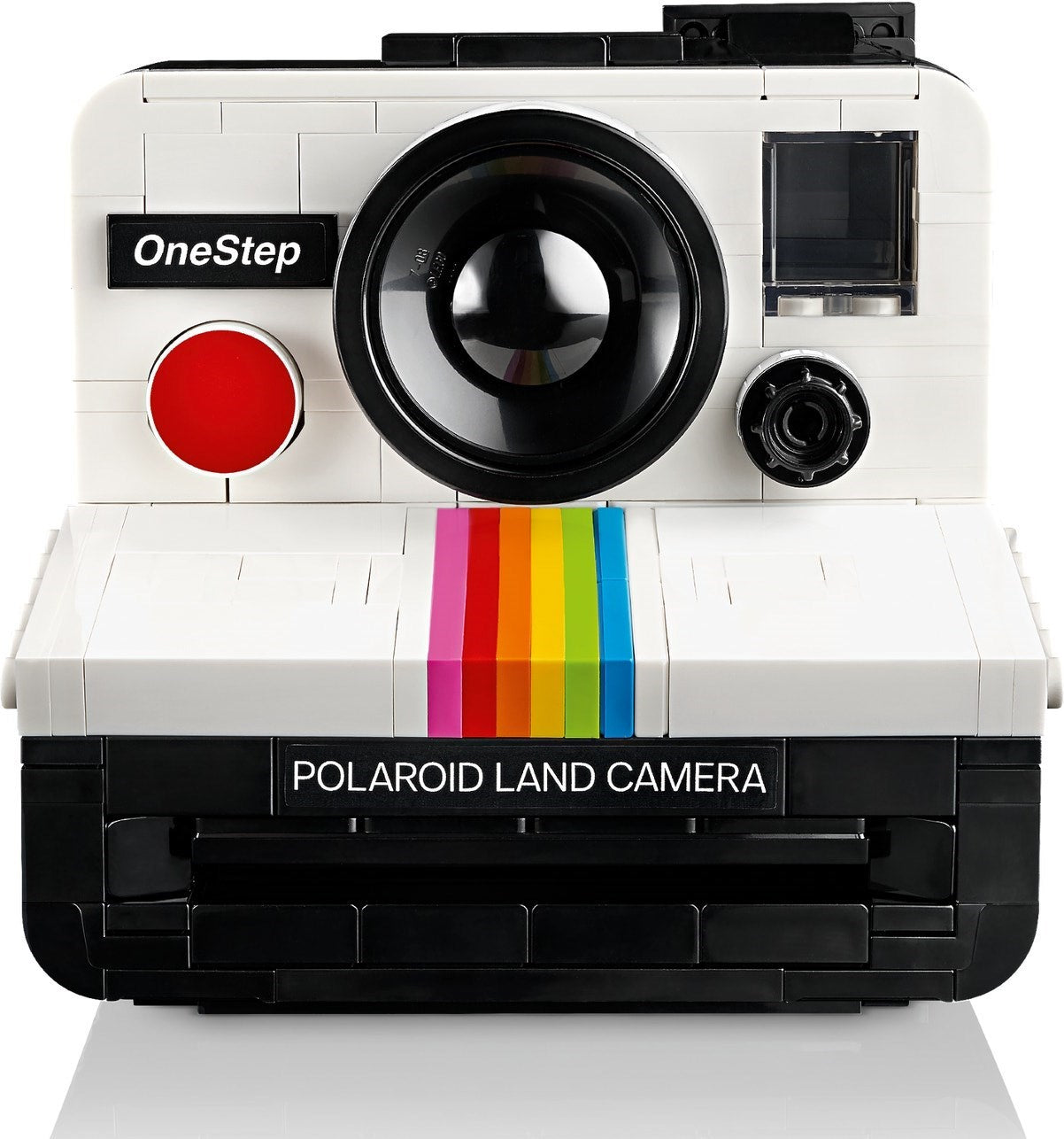 LEGO model of a Polaroid Land Camera with rainbow stripe on a white background
