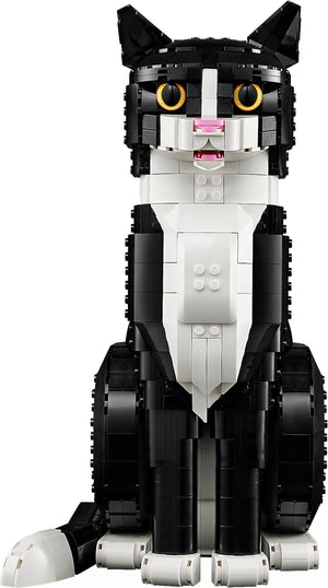 Black and white cat-shaped building block set on a white background