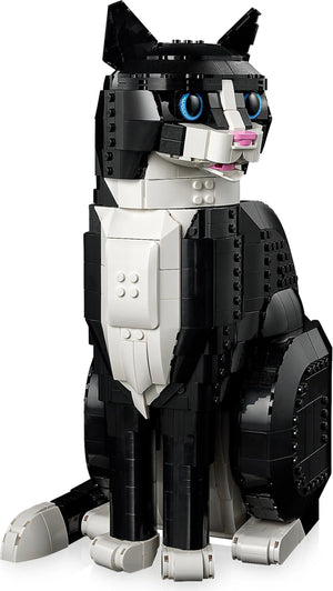 Black and white cat-shaped building block set on a white background