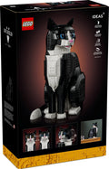 LEGO cat model packaging with black and white cat design on a dark background