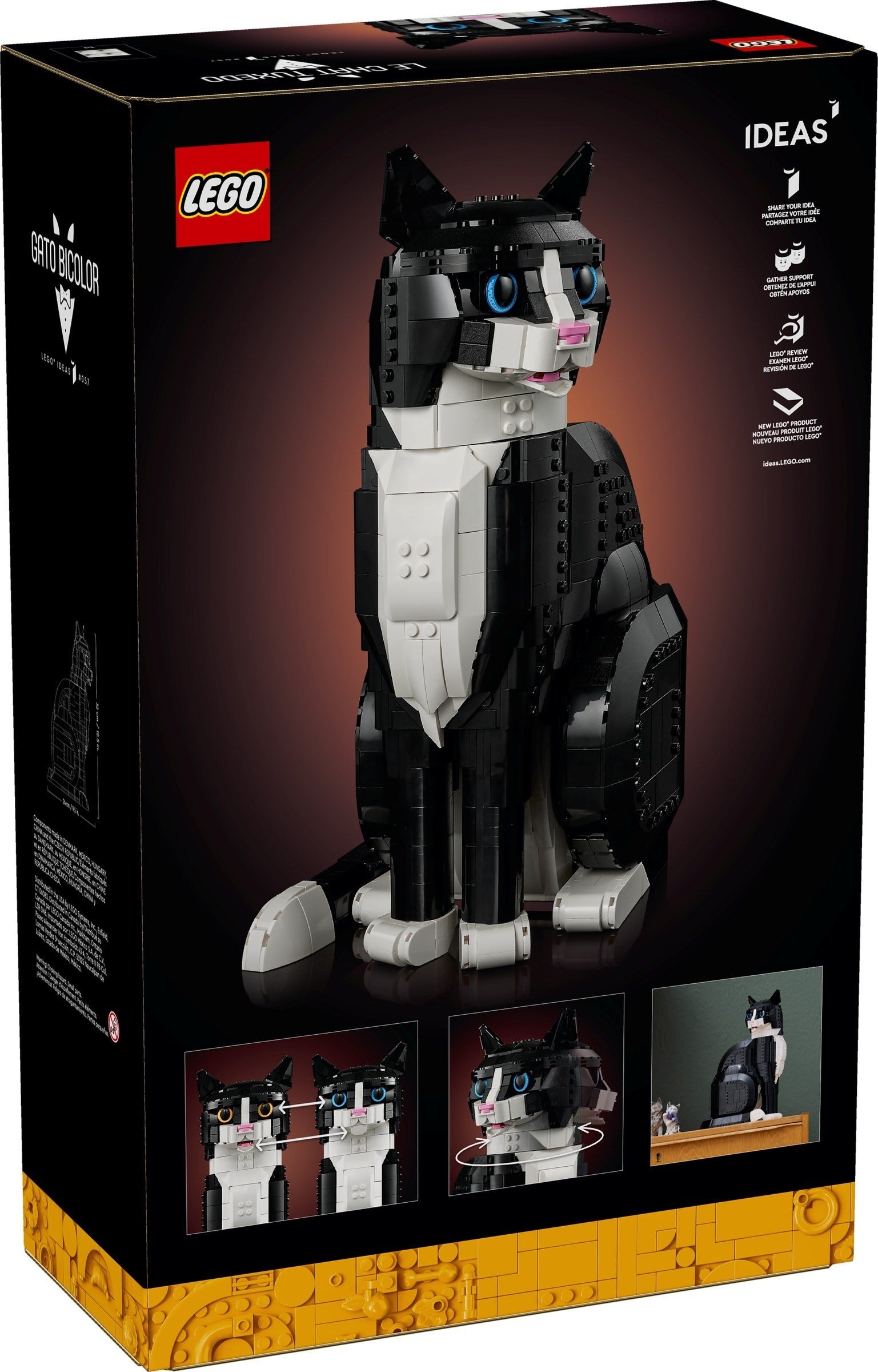 LEGO cat model packaging with black and white cat design on a dark background