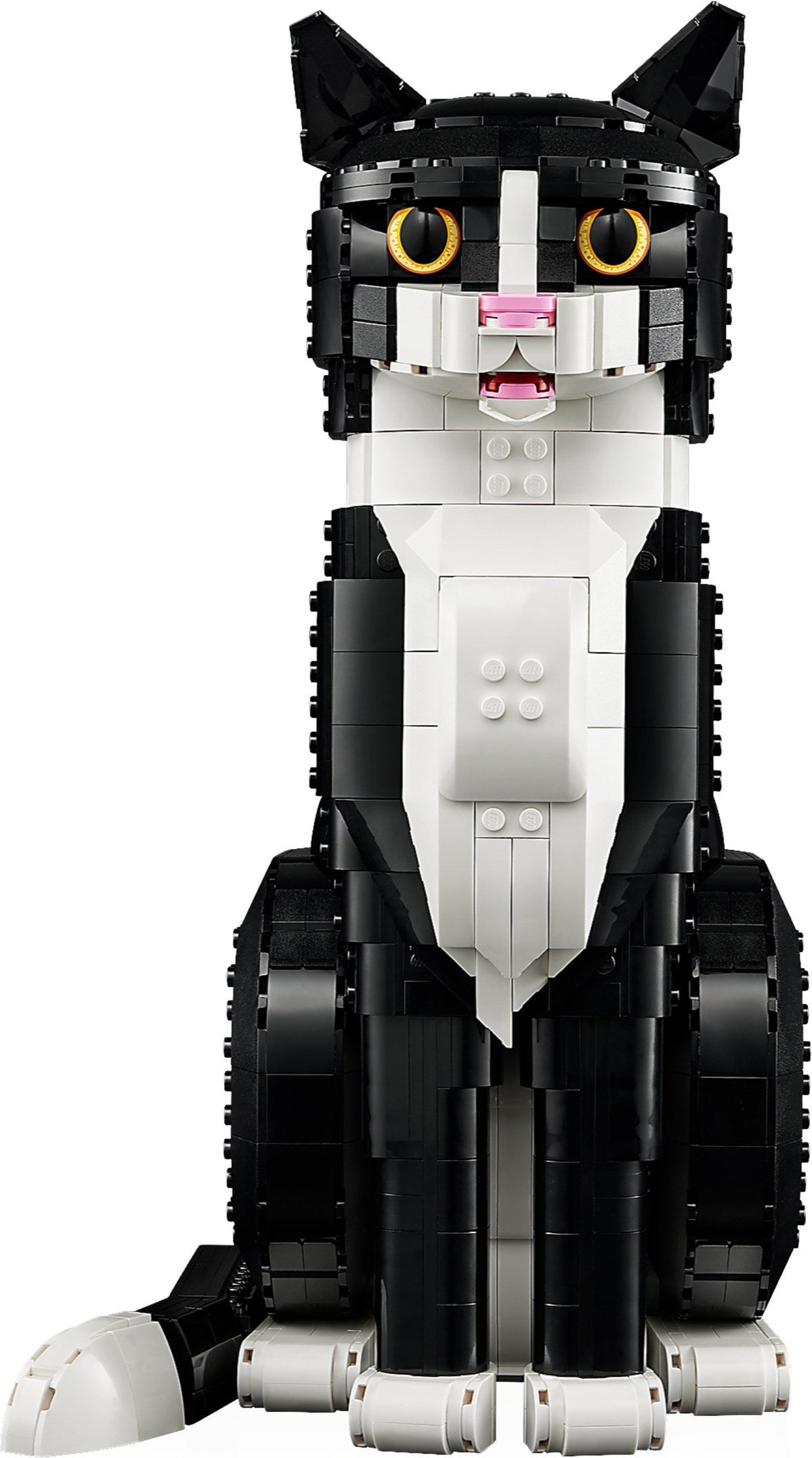 Black and white cat-shaped building block set on a white background