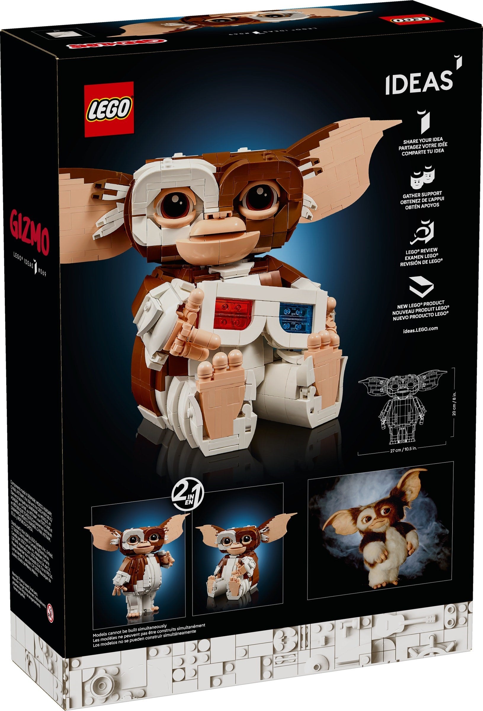 LEGO Ideas Gremlins Gizmo set packaging with character illustration and LEGO logo.