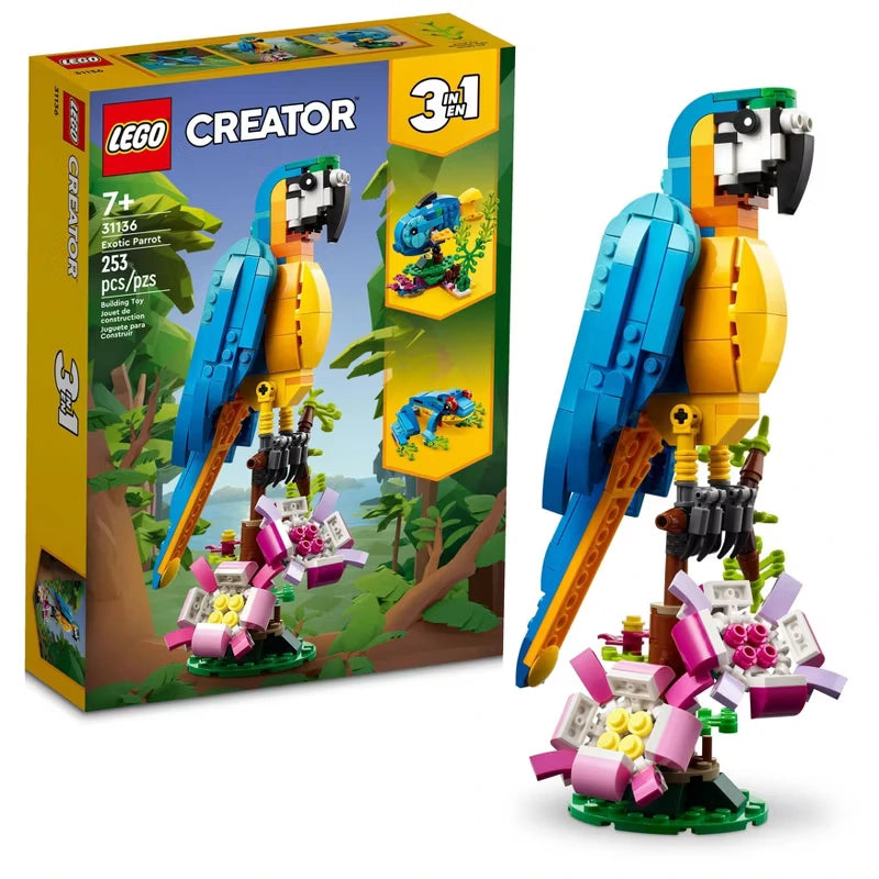 LEGO Creator parrot set with packaging on a white background