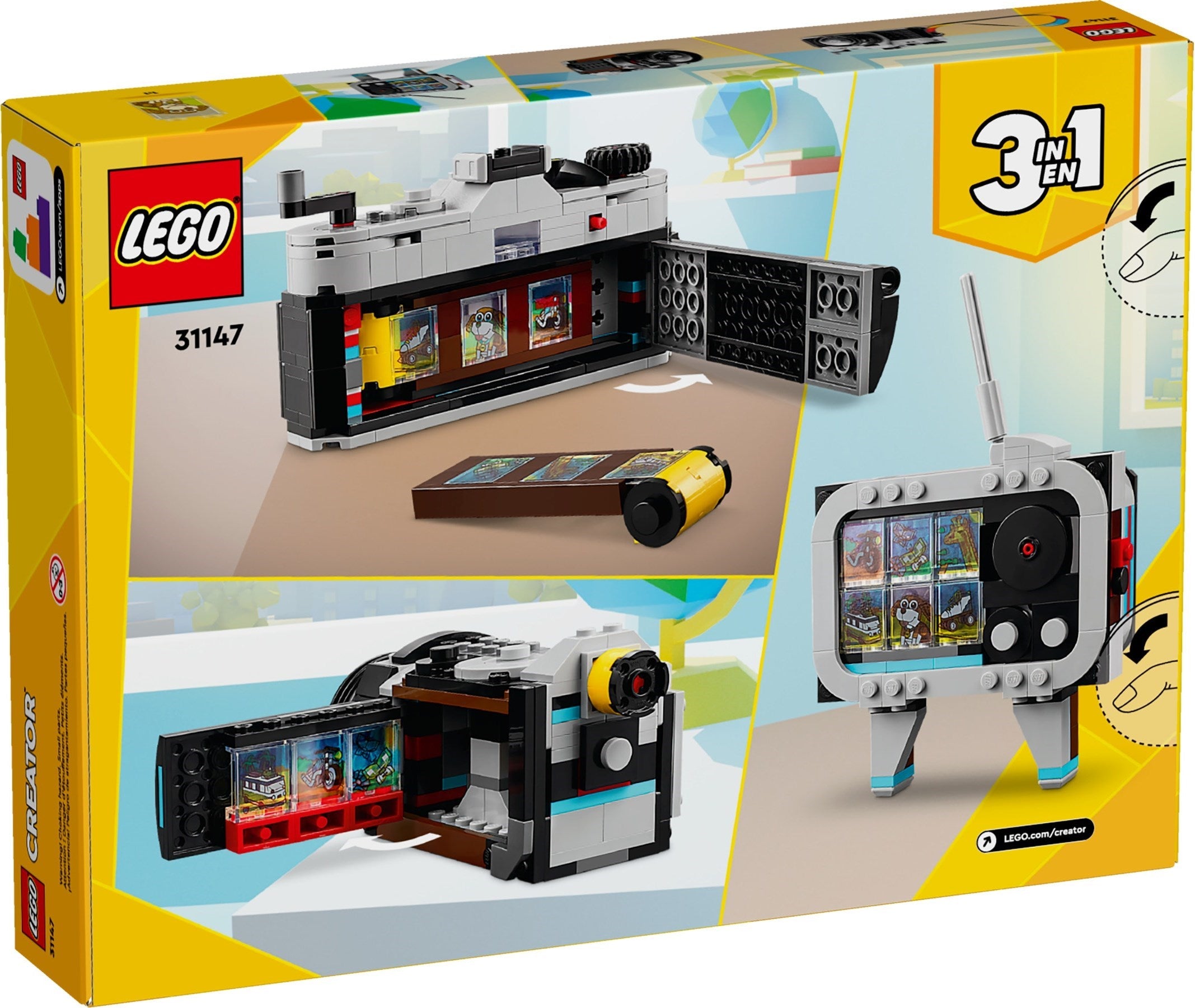 LEGO 31147 set packaging with toy TV, camera, and radio on a yellow background