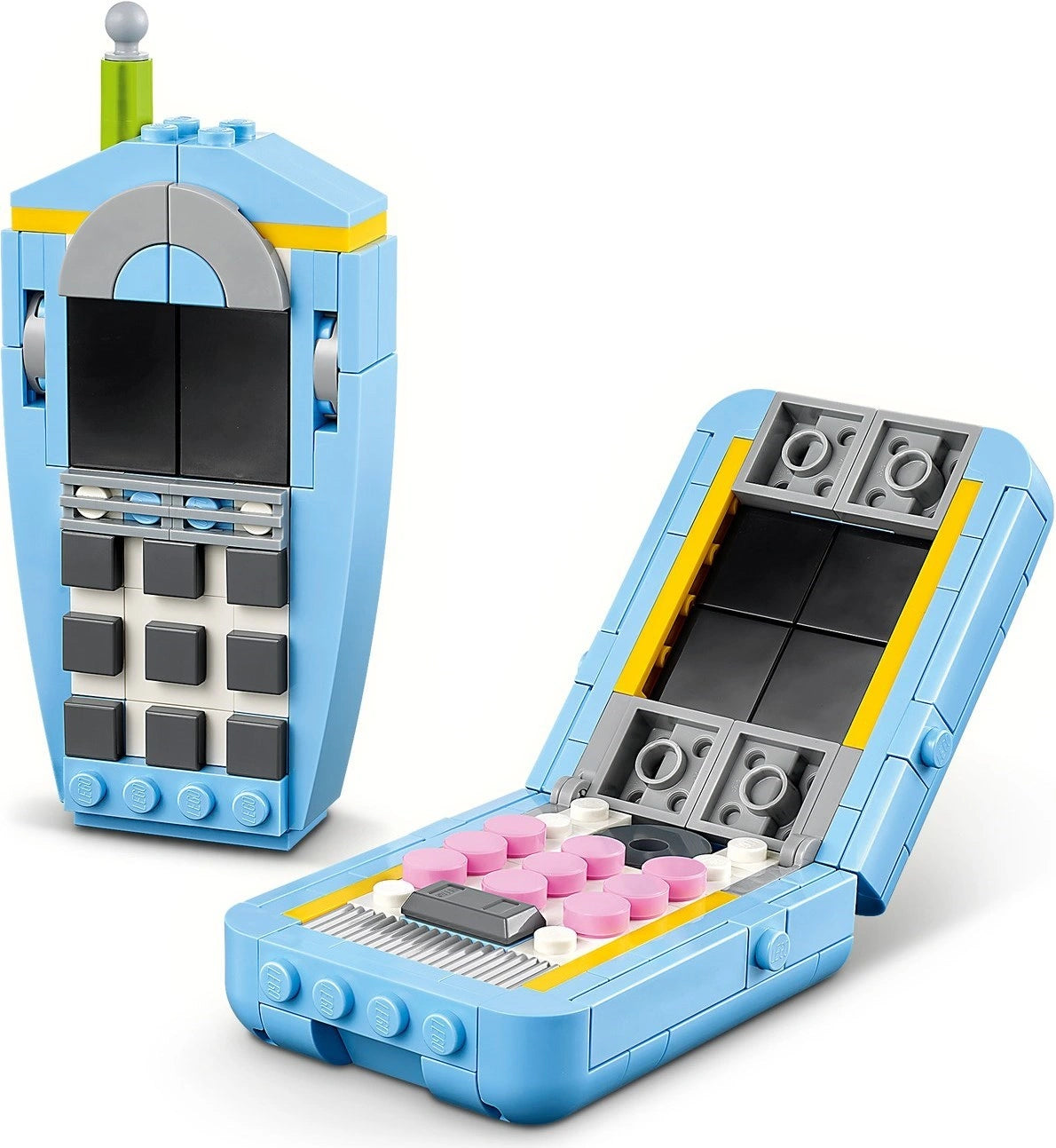 Toy phone model made of interlocking bricks on a white background