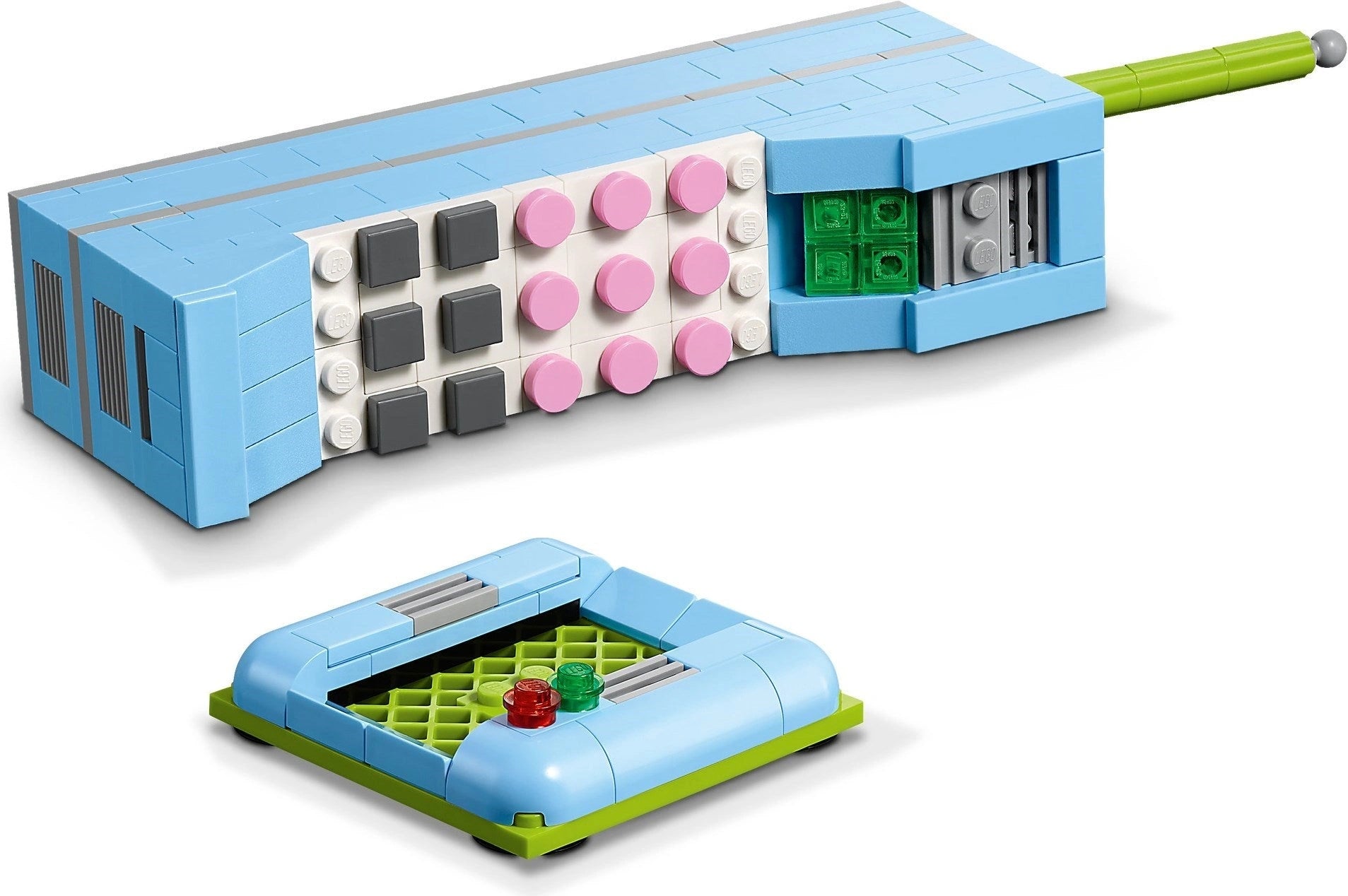 Toy building set with blue and green components on a white background