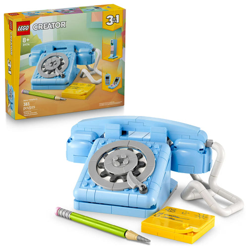 LEGO Creator set of a blue telephone with packaging and accessories on a white background
