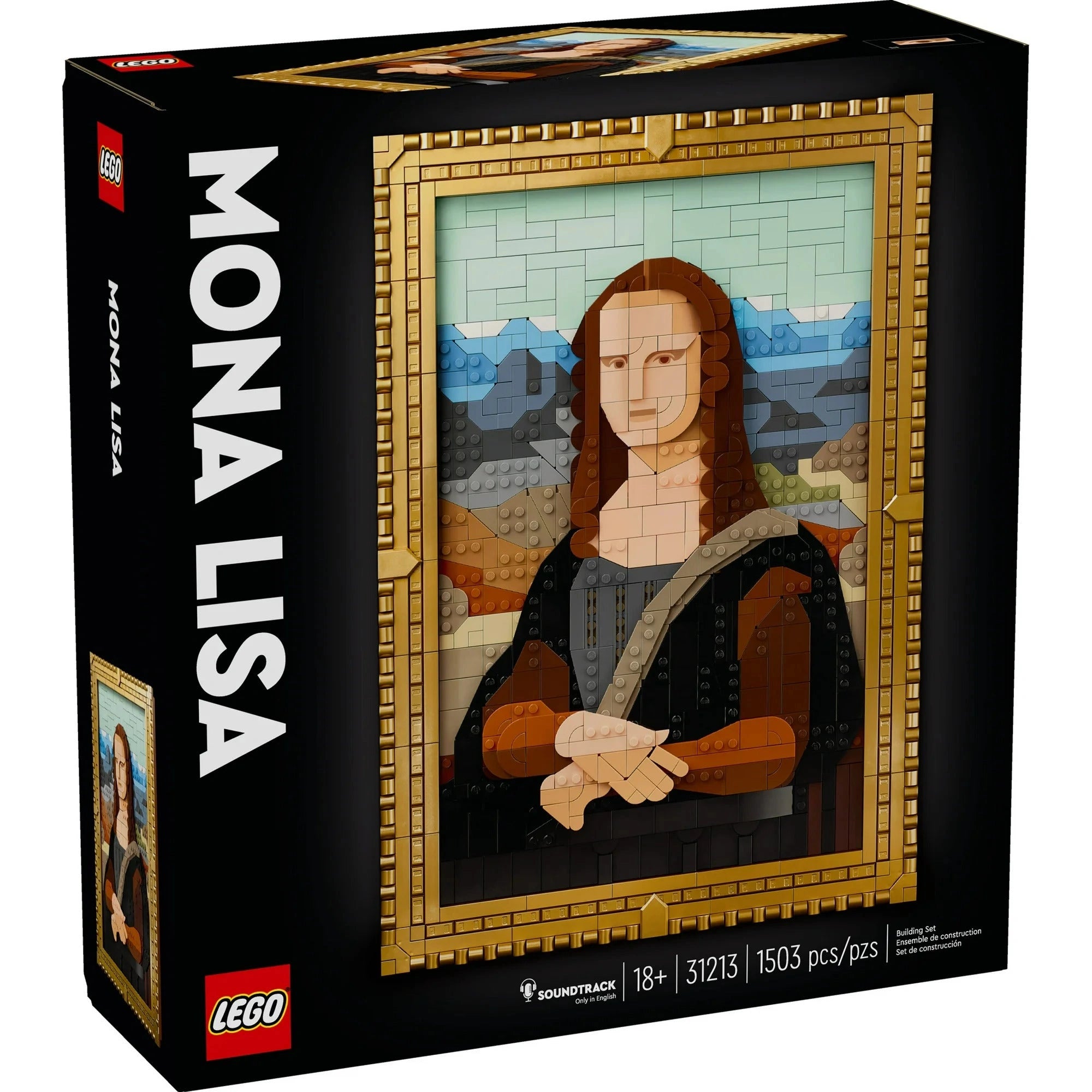 LEGO Mona Lisa set packaging with detailed artwork and LEGO branding.