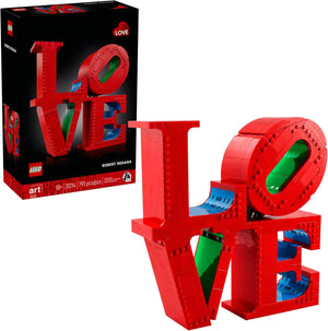Red LEGO sculpture of the word 'LOVE' next to its packaging