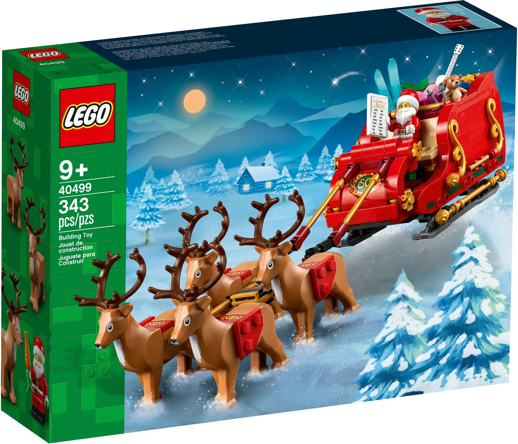 LEGO Santa's Sleigh set packaging with reindeer and Santa Claus on a snowy night scene.