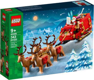 LEGO Santa's Sleigh set packaging with reindeer and Santa Claus on a snowy night scene.