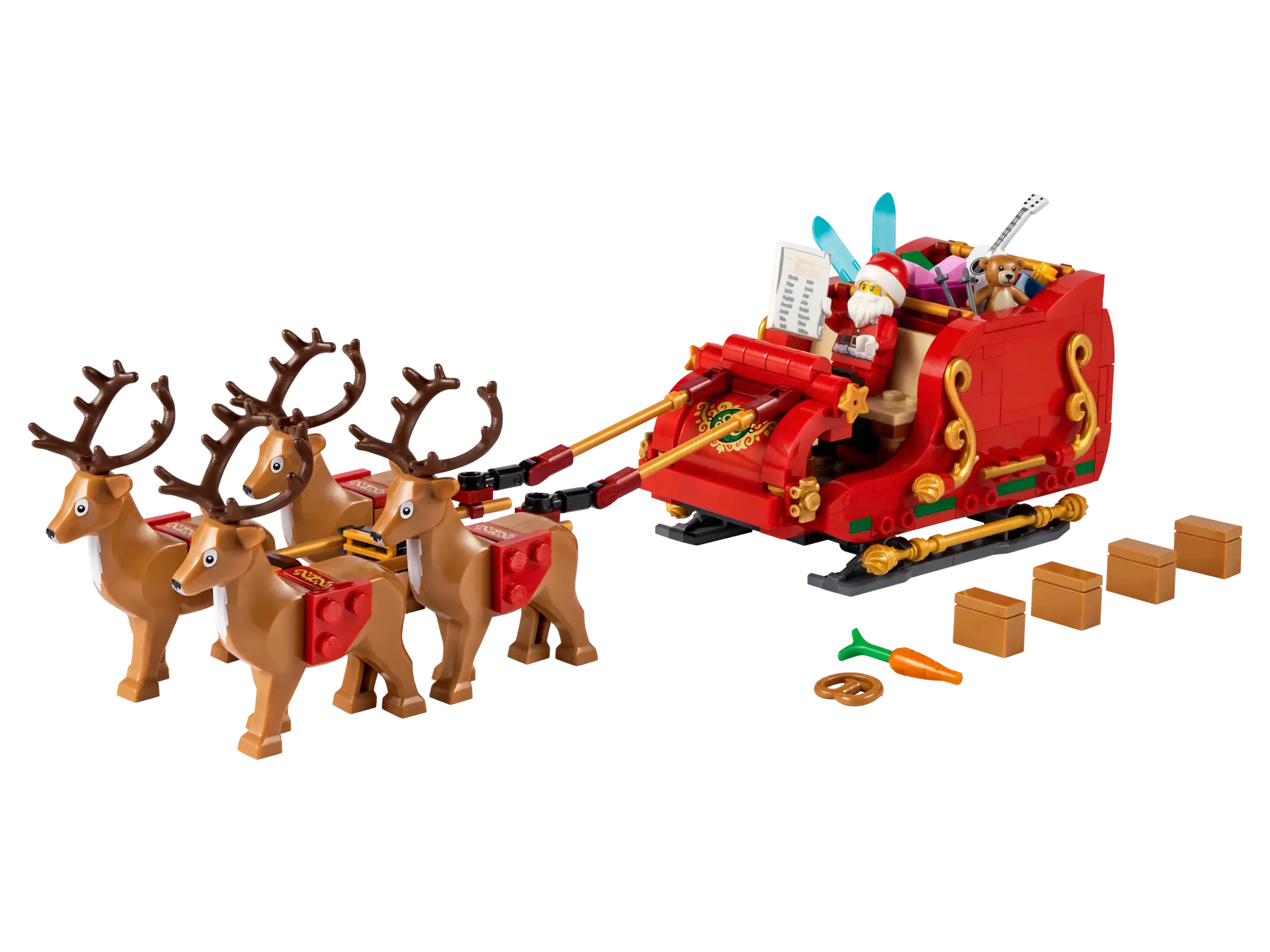 LEGO Santa's sleigh with reindeer and presents on a white background