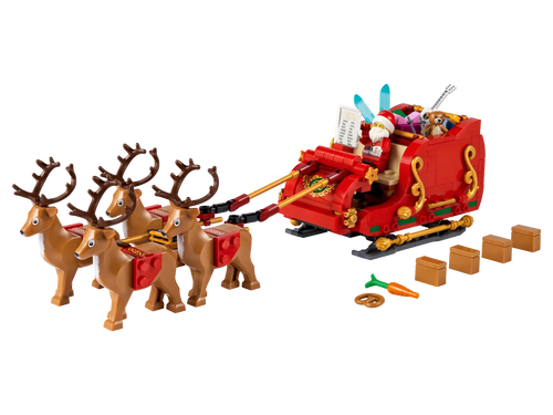 LEGO Santa's sleigh with reindeer and presents on a white background