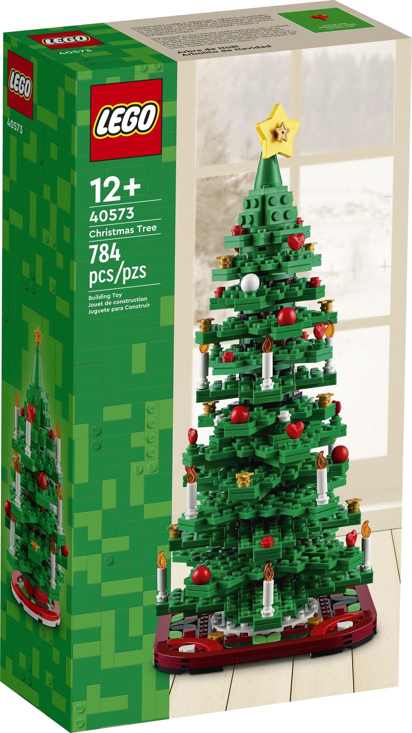 LEGO Christmas tree set in front of its packaging box