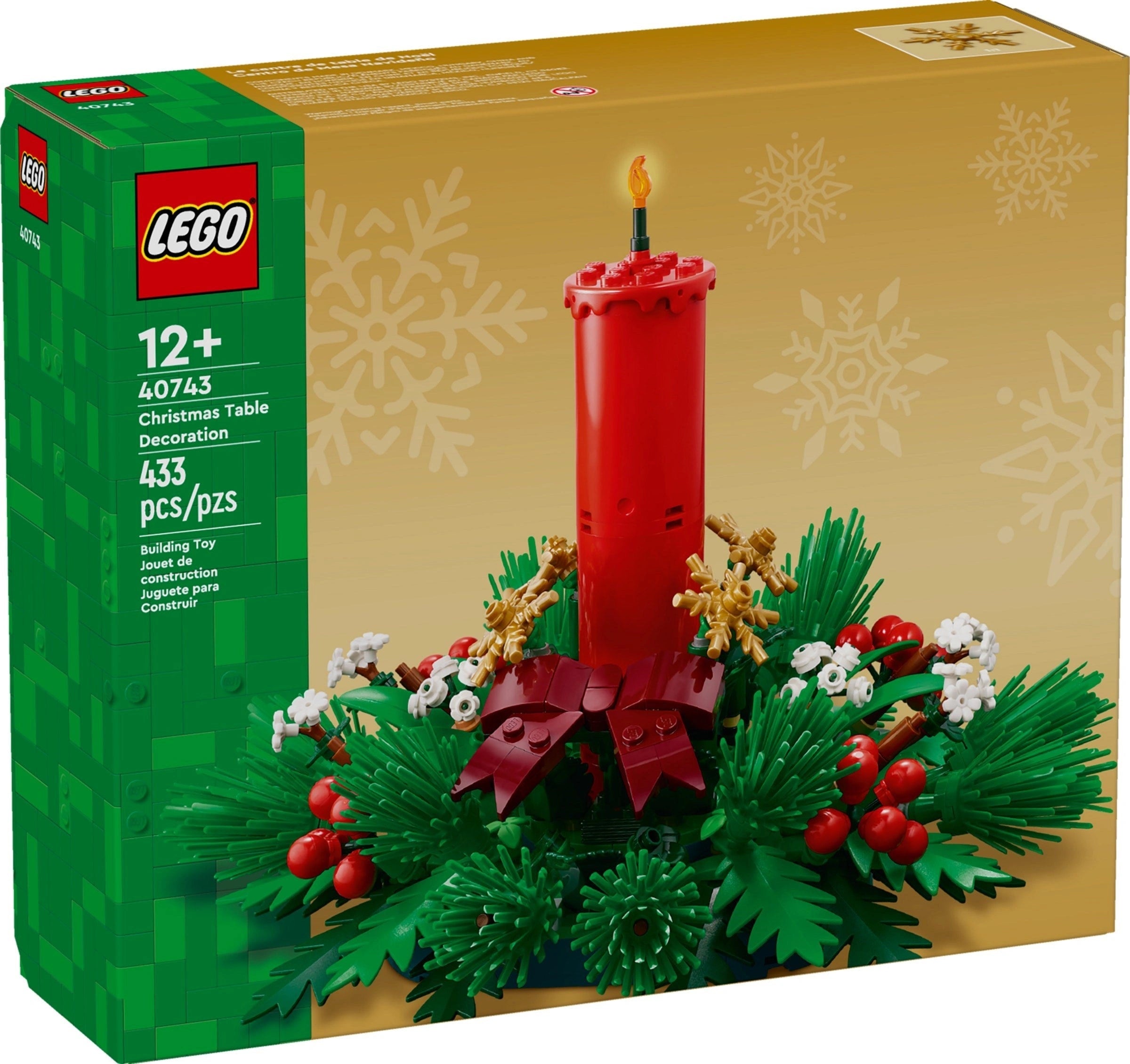 LEGO Christmas table decoration set packaging with red candle and festive elements.