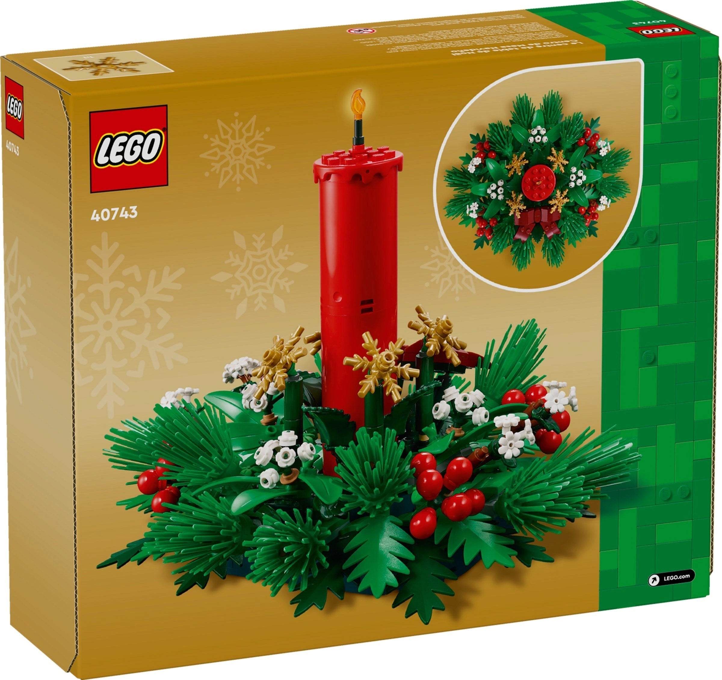 LEGO Christmas wreath set packaging with a red candle and festive decorations.