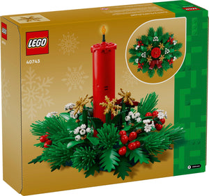 LEGO Christmas wreath set packaging with a red candle and festive decorations.