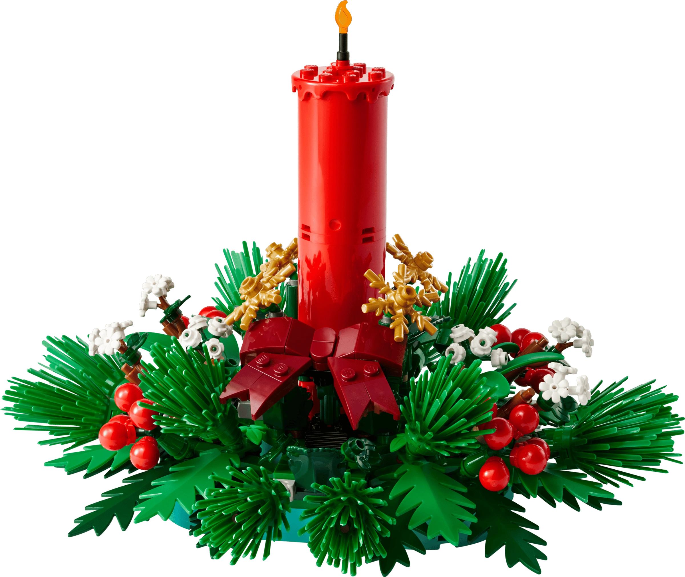 Red candle with green wreath and decorative elements on a white background
