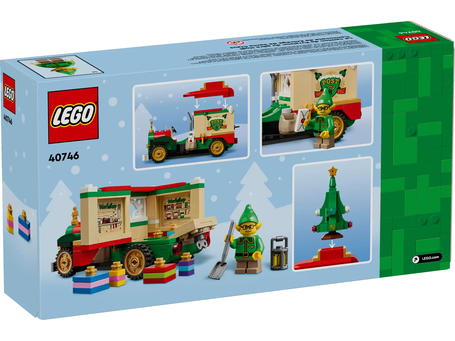 LEGO set packaging with Christmas-themed elements on a light blue background
