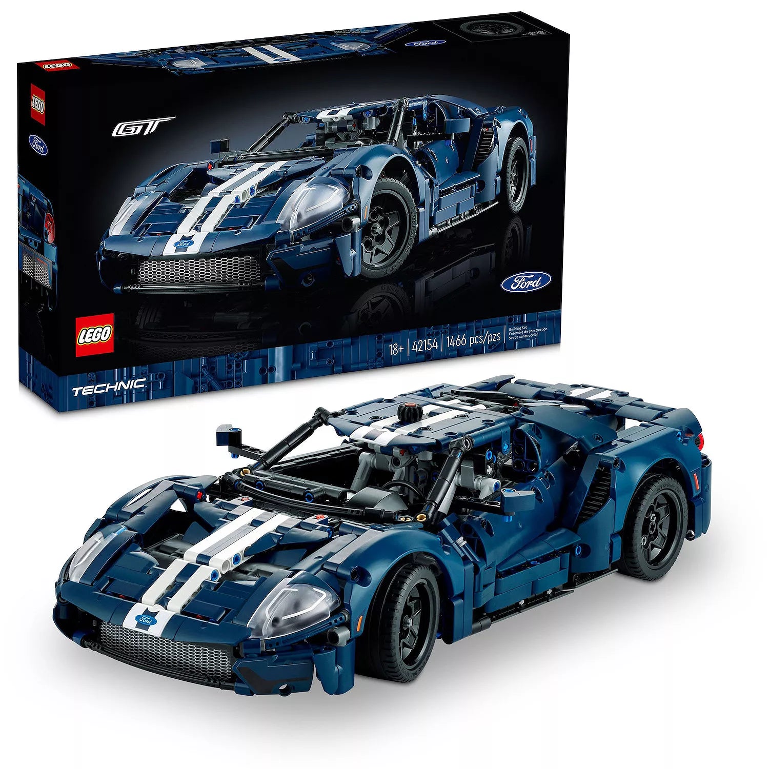 LEGO Technic Ford GT model car with packaging on a white background