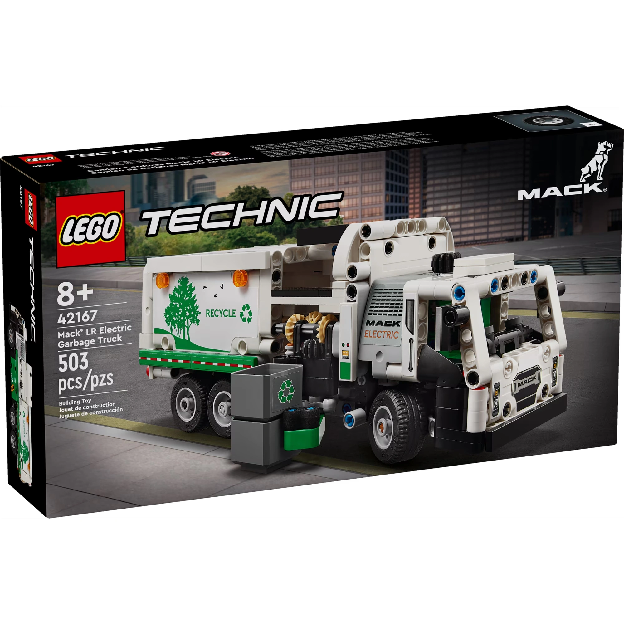 LEGO Technic Mack Electric Garbage Truck set packaging on a white background