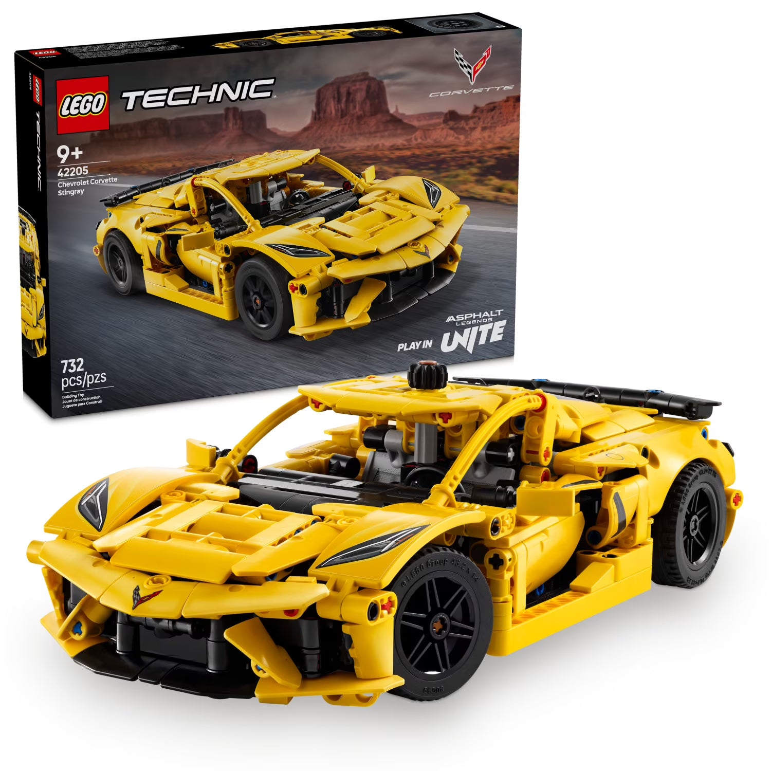 Yellow LEGO Technic sports car model and packaging with desert landscape design.