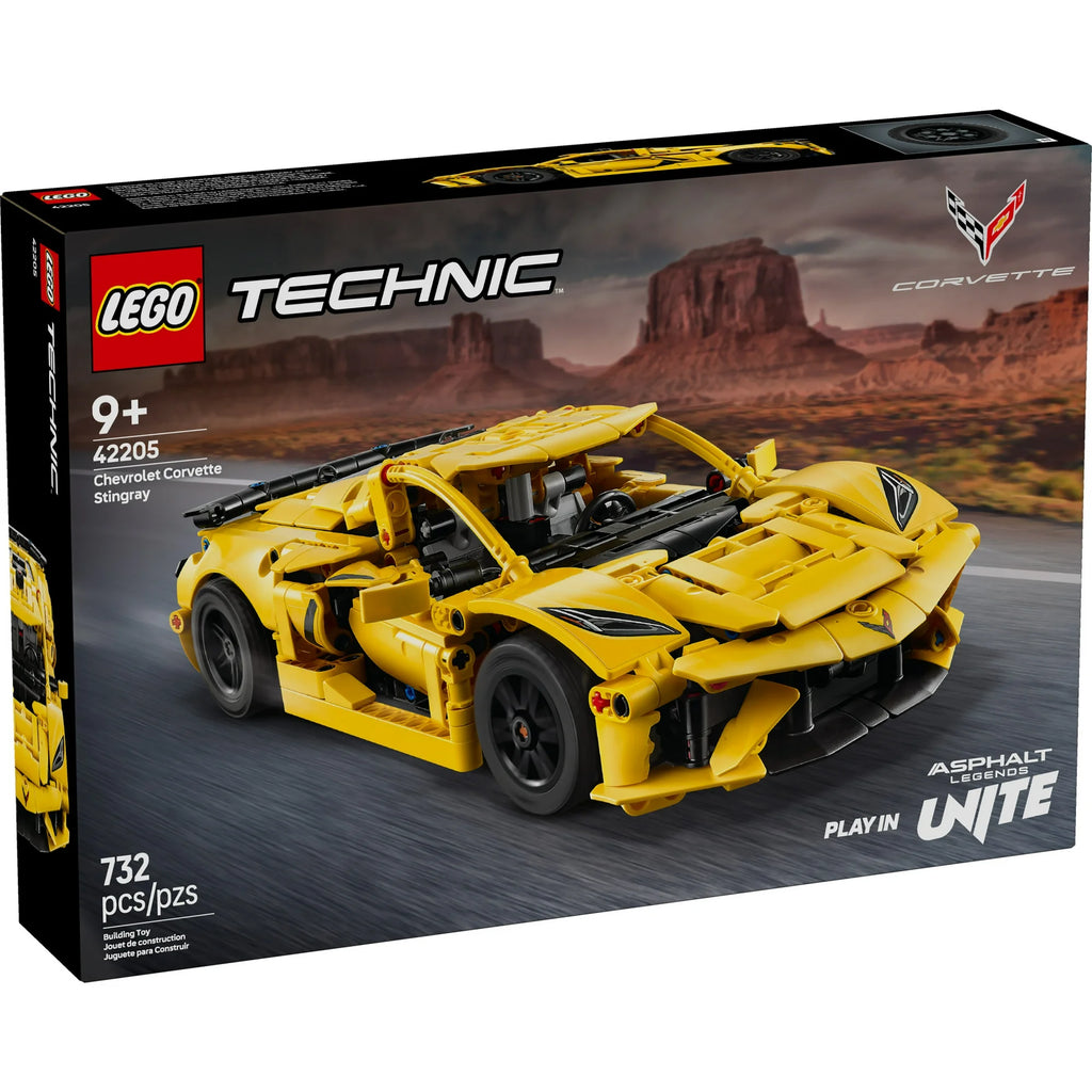 LEGO Technic Chevrolet Corvette Stingray packaging with desert landscape background