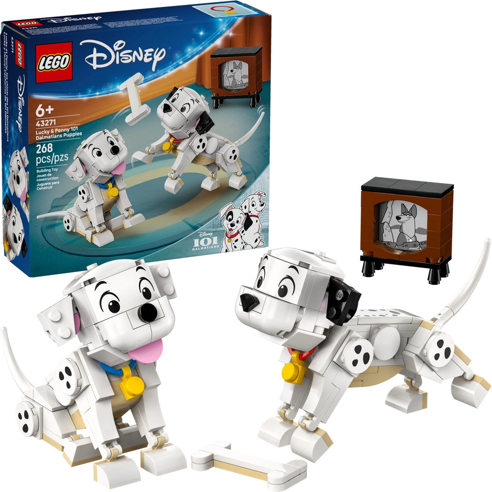 LEGO Disney 101 Dalmatians set with two dalmatian dogs and a TV in the background