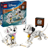 LEGO Disney 101 Dalmatians set with two dalmatian dogs and a TV in the background